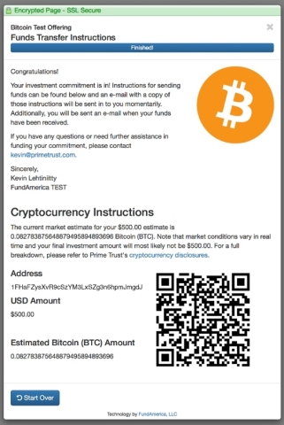 Prime Trust’s systems present BTC/ETH delivery instructions, including a unique wallet address and QR code for a specific transaction (Graphic: Business Wire) 