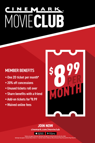 Movie Club is accepted at all Cinemark locations across the nation, including Century Theatres, CinéArts, Tinseltown and Rave Cinemas. To join, visit www.cinemark.com/movieclub or download the Cinemark app. (Graphic: Business Wire)