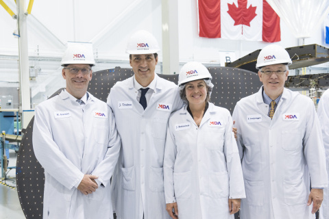 Prime Minister of Canada Justin Trudeau joins MDA leaders to view the RADARSAT Constellation Mission satellites. (Photo: Business Wire)