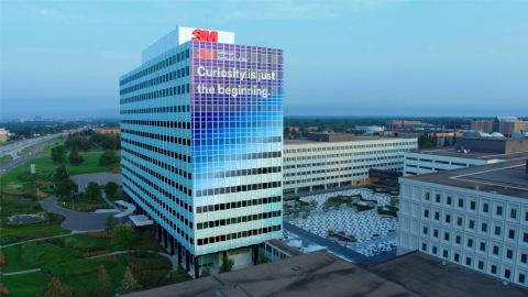 3M headquarters building in St. Paul has been wrapped to encourage people everywhere to pursue their own sense of curiosity. (Photo credit: 3M)