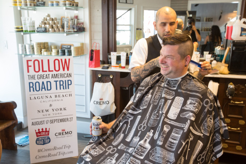 In honor of National Men’s Grooming Day, August 17 marks the start of a nationwide barber shop campaign, the “Great American Road Trip,” by grooming brand CREMO™ to promote men’s care and mental health awareness. Participating barbers gave free haircuts, shaves, and beard trims for consumers following the campaign at #CremoRoadTrip. (Photo: Business Wire)