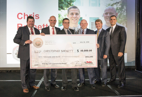 The 2018 Ryder Top Tech winner Christopher Barnett holding his $50,000 check alongside Ryder Senior Service Manager Josh Ison; President of Global Fleet Management Solutions Dennis Cooke; Vice President of Maintenance & Engineering/Top Tech Chair Bill Dawson; Senior Vice President & Global Chief of Operations Tom Havens; and Chairman & CEO Robert Sanchez. (Photo: Business Wire)