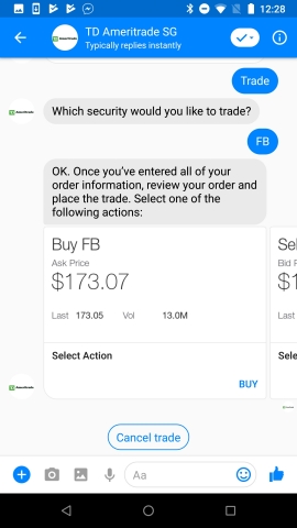 Connecting with TD Ameritrade Singapore on Facebook Messenger (Graphic: Business Wire)
