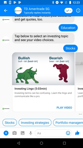 Connecting with TD Ameritrade Singapore on Facebook Messenger (Graphic: Business Wire)