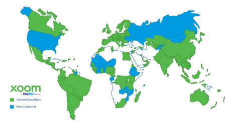 Countries where Xoom offers service across the globe. (Graphic: Business Wire)