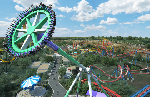 The Joker Wild Card at Six Flags Fiesta Texas will rotate 40 riders counterclockwise as they swing back and forth on a pendulum moving at a thrilling top speed of 75 miles-per-hour. (Photo: Business Wire)