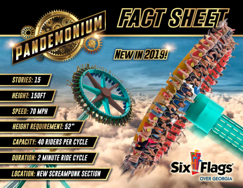 Pandemonium Fact Sheet – the Southeast's tallest pendulum ride set to debut in the spring of 2019 at Six Flags Over Georgia, just outside of Atlanta. (Photo: Six Flags Over Georgia)