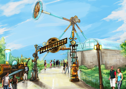 (Rendering) Pandemonium will be the centerpiece of the park’s new ScreamPunk-themed area, featuring revamped food locations and shopping experiences in 2019. ScreamPunk is a Six Flags twist on the popular Steampunk subgenre, combining science fantasy with 19th century industrial steam-powered machinery. The ScreamPunk section opens in March. Pandemonium will debut in late spring, 2019. (Photo: Six Flags Over Georgia)