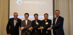 (Left to Right) Dr. Matthew Perry, OCF Chairman, Dr. I.P. Park, President and Chief Technology Officer, LG Electronics, Dr. Hyogun Lee, Head of Engineering, Samsung Electronics, Wenting Yu, Chief Operating Officer, Haier U+, Jan Brockmann, Chief Operations Officer, Electrolux (Photo: Business Wire)
