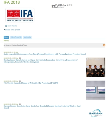 IFA 2018 exhibitor news via Business Wire available at www.tradeshownews.com (Graphic: Business Wire)