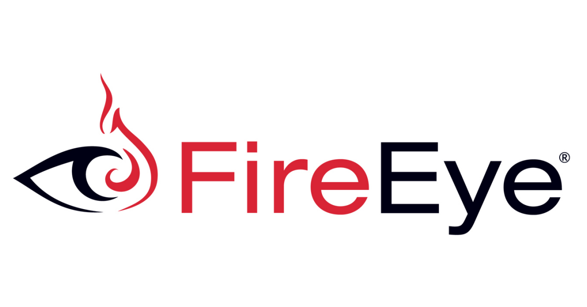  The logo of FireEye, a cybersecurity company, depicts an eye with flames coming out of the top in red and the company name in black.