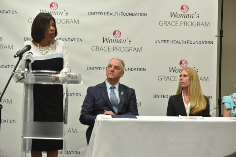 Baton Rouge Mayor-President Sharon Weston Broome helps announce the GRACE program that will help expectant mothers with opioid use disorder as Governor John Bel Edwards and Heather Cianfrocco, UnitedHealthcare Community & State CEO, look on (Photo: Jeff Strout).