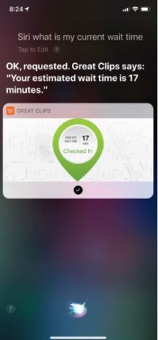 "Great Clips Online Check-in App" now features integration with Siri Shortcuts and iOS 12. (Graphic: Great Clips)