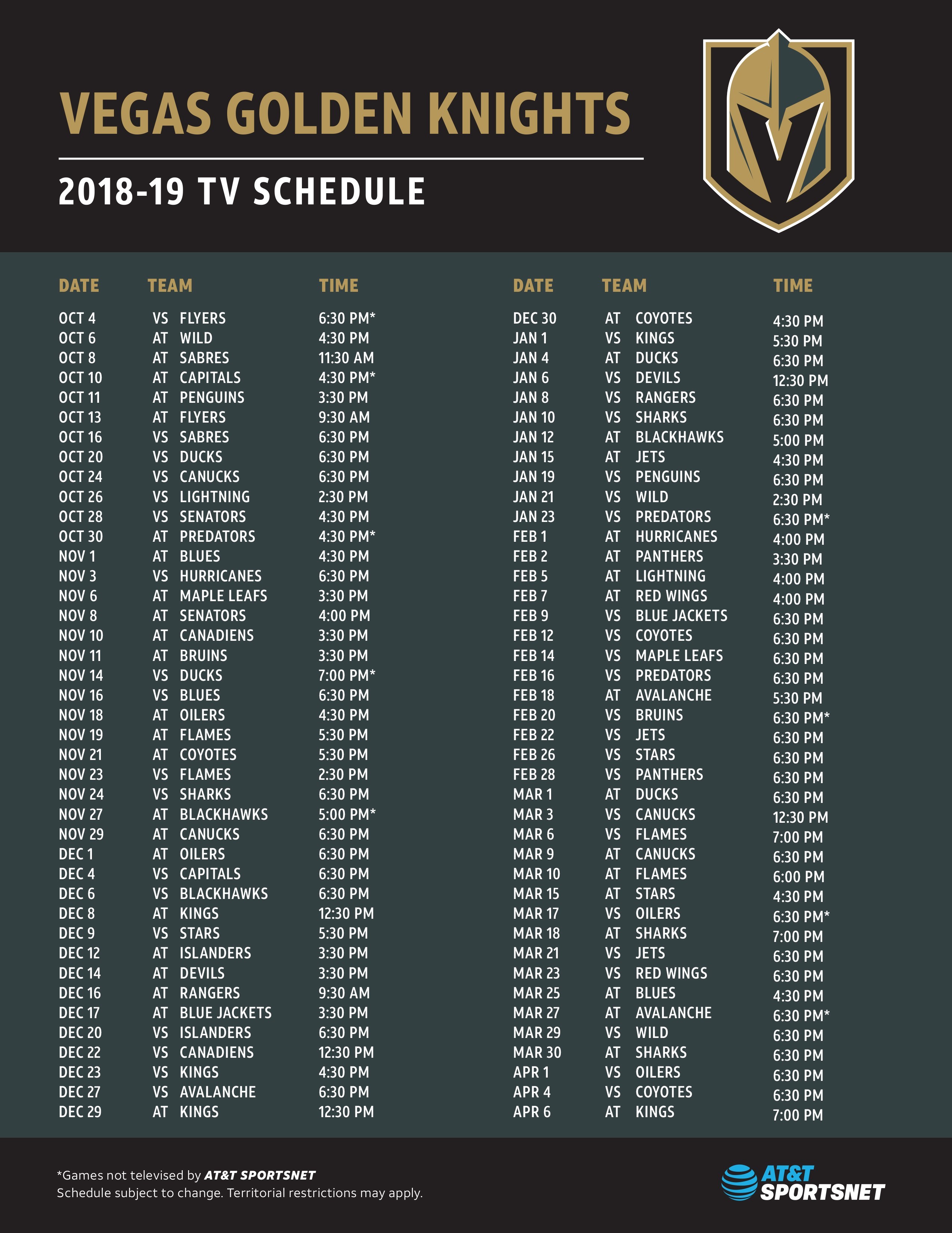 AT&T Announces Vegas Golden Knights Broadcast Schedule and