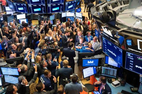 Eventbrite CEO Julia Hartz celebrates her company's IPO on the trading floor of the New York Stock Exchange. (Photo Credit: NYSE)