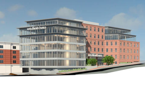 The front view of the proposed Vets First Choice new corporate headquarters in downtown Portland, Maine. The building will also house a state-of-the-art specialty pharmacy; an automated commercial pharmacy and fulfillment center, and a world-class science, technology, engineering and math center. (Graphic: Business Wire)