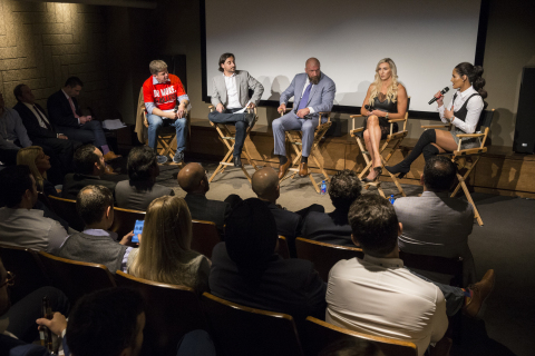 Surviving and Thriving Global Media Disruption: An Evening with WWE and BTIG - (Left to Right) - Rich Greenfield, BTIG TMT Analyst, Brandon Ross, BTIG TMT Analyst, WWE Executive Vice President Paul "Triple H" Levesque, Charlotte Flair and Nikki Bella. (Photo Courtesy of Anthony Causi)