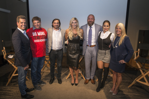 Surviving and Thriving Global Media Disruption: An Evening with WWE and BTIG - (Left to Right) - WWE Co-President George Barrios, Rich Greenfield, BTIG TMT Analyst, Brandon Ross, BTIG TMT Analyst, Charlotte Flair, WWE Executive Vice President Paul "Triple H" Levesque, Nikki Bella and WWE Co-President Michelle Wilson. (Photo Courtesy of Anthony Causi)