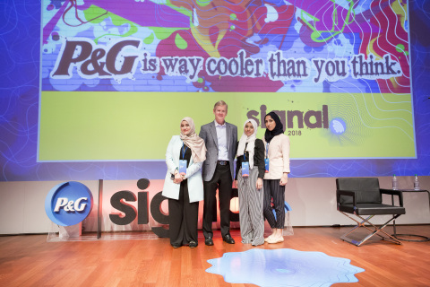 The 2018 Global CEO Challenge winners, Linah Hussain, Malak Mously and Rawan Baik, met P&G CEO David Taylor and attended the company's annual SIGNAL Accelerator Summit. (Photo: Business Wire)