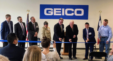 Delighted to be cutting the ribbon to celebrate the opening of GEICO’s new Iowa office are, from left: Don Bourn, Bourn Companies CEO; Don Robinson, GEICO vice president, Dan Beacom, GEICO regional vice president, Nancy Pierce, GEICO senior vice president; Bill Roberts, GEICO president and CEO; Mayor Terry Donahue of North Liberty, IA; Pete Rizzo, GEICO Iowa general manager; Chris Hoffman, mayor pro tem of North Liberty, IA (Photo: Business Wire)