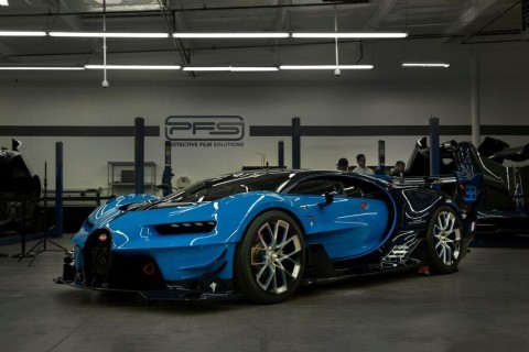 The Bugatti Vision Gran Turismo was nestled inside Protective Film Solutions’ headquarters where event goers lined up for hours to get a peek at hyper cars like the one pictured here (Photo: Business Wire)