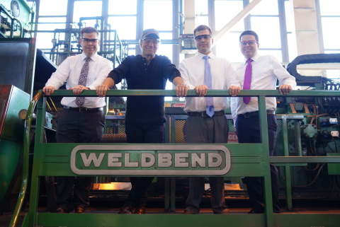 Michael Hammer, Mike Rowe, Kevin Coulas and Jimmy Coulas during a tour of the Weldbend manufacturing ... 
