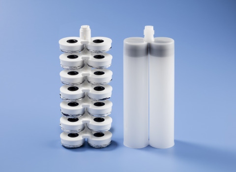Seven fully-compressed Nordson EFD Film-Pak cartridges replace one standard rigid cartridge in landf ... 