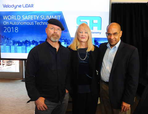 From L to R: World Safety Summit Host Jamie Hyneman; Velodyne Lidar President Marta Hall; former FAA director and NTSB chairman Christopher A. Hart (Photo: Business Wire)
