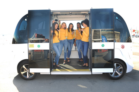 Actors from MADD/Velodyne’s “Jane” safety video use NAVYA’s autonomous shuttle to take a safe ride around Levi’s Stadium. (Photo: Business Wire)