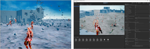 Left image: Replication; Synchronization of objects between clients (other players) and the server. In this example characters, explosions and broken blocks are shared as a replica to the server and then automatically synchronized on other clients. Right Image: Unity SDK; Strix Unity SDK plugin, a client-side SDK. Object synchronization is achieved by adding/removing components on the objects. Components automatically perform data synchronization of objects (such as position synchronization of characters and bullets) and character animation synchronization. (Graphic: Business Wire)