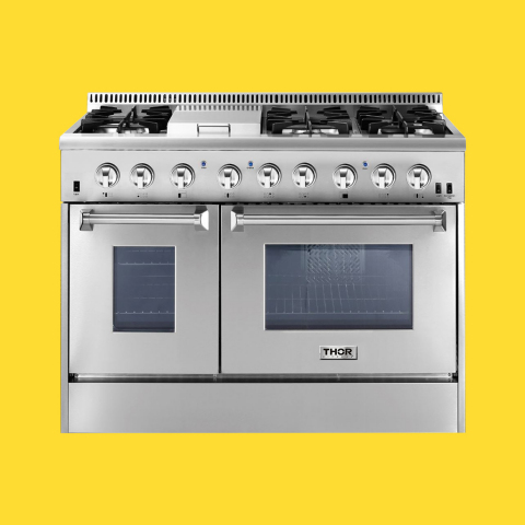 The new 48-inch Dual Fuel Range features heavy-duty continuous cast-iron cooking grates, a black porcelain drip pan on the cook top and high-end infrared broiler. (Photo: Business Wire)