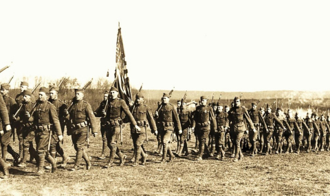 The 1st Battalion, 26th Infantry parading to Croix de Guerre awards ceremony, Normandy, France; Apri ... 