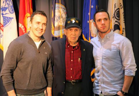 ‘Band of Brothers’ Col. Edward Shames (center) poses for a photo with Robert Davies (left) and C.J.  ... 