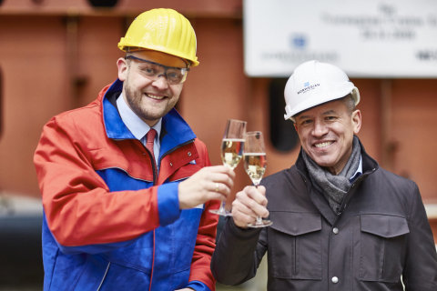 Tim Meyer and Andy Stuart at Norwegian Encore Keel Laying Ceremony (Photo: Business Wire)