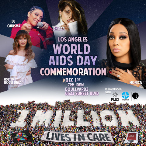 In LOS ANGELES, AHF will host a World AIDS Day commemoration event at the popular Hollywood nightclub, Boulevard 3, on Sunset Boulevard, featuring an all women lineup of entertainers hosted by Rocsi Diaz with musical performances by the artists Monica, Chesca and DJ-ing by Carisma. (Graphic: Business Wire)