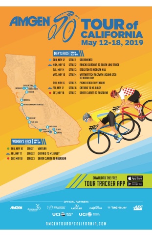 Amgen Tour of California, California's largest sporting event, will travel from Sacramento to Pasadena in May 2019. (Graphic: Business Wire)