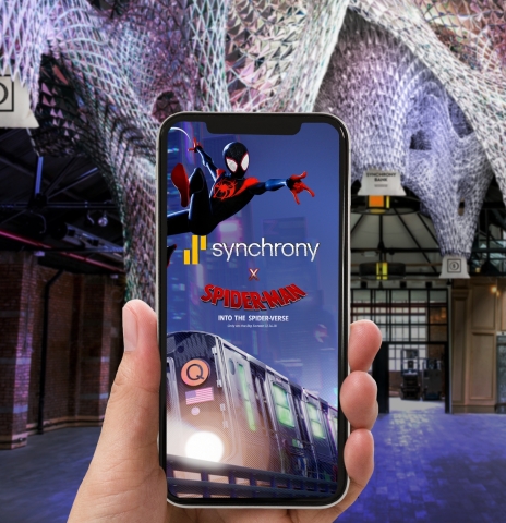 On Wednesday, December 12, 2018, Synchrony will host a new immersive experience in Brooklyn, NY using augmented reality, inspired by Columbia Pictures and Sony Pictures Animation's Spider-Man™: Into the Spider-Verse. Visitors can immerse themselves in a spiderweb installation, taking on the web-spinning abilities of Spider-Man through a mobile browser-based experience, where guests can fire virtual webs and earn chances to win cash. (Photo: Synchrony)