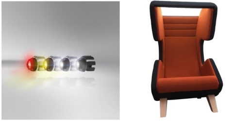 At Left, OSRAM has successfully launched a new standardized eXchangeable LED lightSource (XLS), which covers all automotive signal functions. At Right, Osram’s Chronogy™ HCL chairs provide users with specific doses of light to achieve the desired outcome, such as cool, bright light to increase levels of alertness, or amber light to help one wind down at the end of the day. The chairs' side screens also provide privacy and reduce ambient noise, resulting in privacy and convenience when making phone calls, reading or relaxing. The chairs will be available for demonstrations in the lobby area of The Sands Hotel and Casino. (Photo: OSRAM)