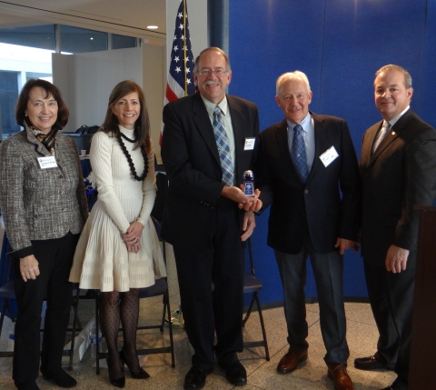 Representatives from New Jersey American Water accept a 2018 Governor's Environmental Excellence Award for Innovative Technology. Pictured here, from left: Commissioner Catherine R. McCabe, New Jersey Department of Environmental Protection (DEP); First Lady Tammy Murphy; Russell Titus, Sr. Superintendent, Water Loss Management, New Jersey American Water; Ronald Oppenheimer, Project Manager, Water Loss Management, New Jersey American Water; and David Zimmer, Executive Director, New Jersey Infrastructure Bank. (Photo: Business Wire)