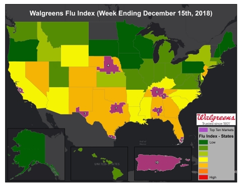 Walgreens Flu Index for week ending December 15, 2018. (Graphic: Business Wire)