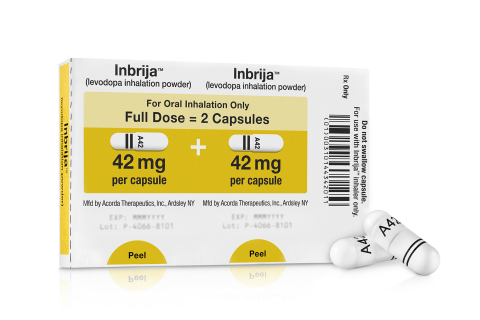 Product Photo: INBRIJA™ (levodopa inhalation powder) blister pack and two 42 mg capsules (Photo: Acorda Therapeutics) 