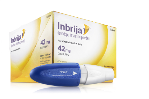 Product Photo: INBRIJA™ (levodopa inhalation powder) 42 mg capsules carton and inhaler (Photo: Acorda Therapeutics) 