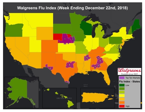 Walgreens Flu Index for week ending December 22, 2018. (Graphic: Business Wire)