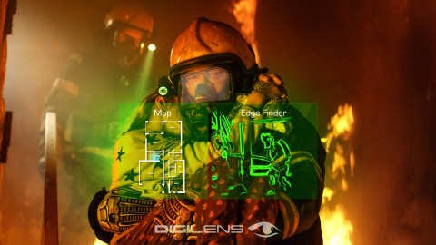 Helmet-mounted thermal vision gives firefighters their hands back. DigiLens Crystal replaces the respirator-mounted display with smartglasses, preventing fatal distractions by relaying smartphone based information such as audio and video communication, tactical video recording, hot and cold spot tracking, maps and floorplans. (Photo: Business Wire)