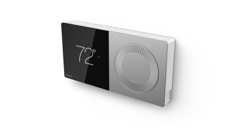 The Daikin One+ smart thermostat offers the best of both analog and digital worlds. A double square structure pairs a sophisticated high-resolution digital color touch screen on the left side with the proven functionality of a classic analog dial control on the right side. (Photo: Business Wire)
