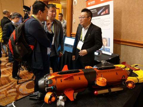Gene Su, General Manager of Thunder Tiger, demos Seadragon XLR, an autonomous water robot for surveillance, rescue, and marine research, to attendees at the Taiwan Excellence Press Conference at CES 2019. (Photo: Business Wire)