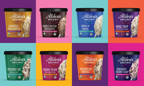 The new Alden's pints feature the brand's new look, reflecting the vibrancy of the Pacific Northwest with bold colors and lick-the-carton photography (Photo: Business Wire)