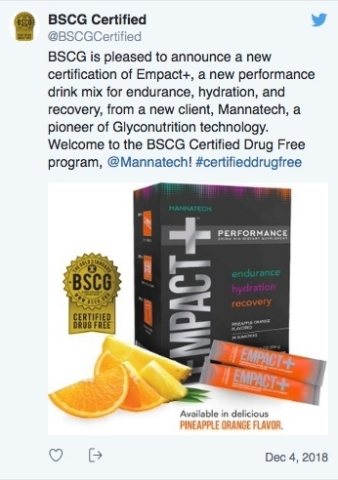 BSCG.org announced via tweet on December 4, 2018 that it has certified EMPACT+ performance drink mix ... 