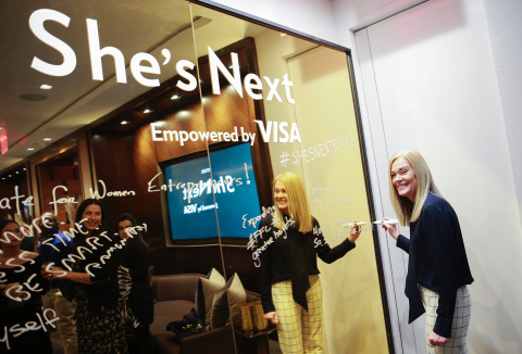 Mary Ann Reilly, Visa executive, inscribes Visa’s dedication to women in small business at the unveil of She’s Next, Empowered by Visa, at an event at Hudson Yards in New York City. (Photo: Business Wire)