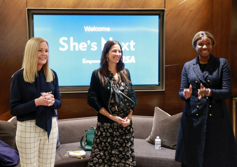 Visa unveils a global initiative to champion women-owned small businesses everywhere: She’s Next, Empowered by Visa. Visa executives Mary Ann Reilly (left) and Suzan Kereere (right) are joined by Rebecca Minkoff, founder of Rebecca Minkoff (center) and the Female Founder Collective at an event at Hudson Yards in New York City. (Photo: Business Wire)
